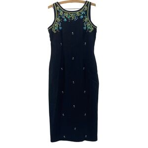 Vintage Floral Embroidered Sleeveless Midi Dress Linen Blend Elegant Button Back